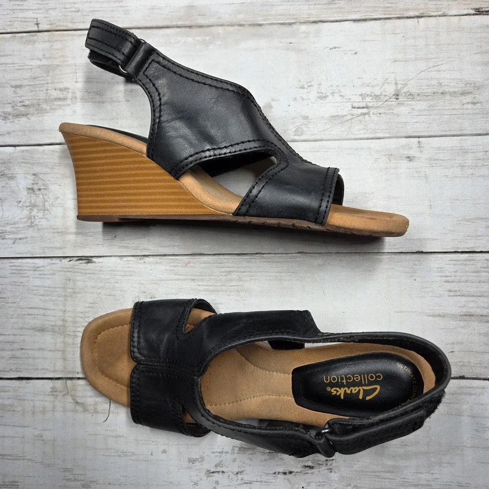 Clarks Collection Ultimate Comfort Wedge Sandal Women 7.5 Black Leather Slingbac